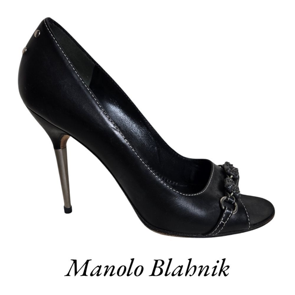 Manolo Blahnik Black Leather Open Peep Toe Silver Metal Heel Shoes Heels
